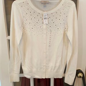 Loft Small White Sweater with Gold Sequins